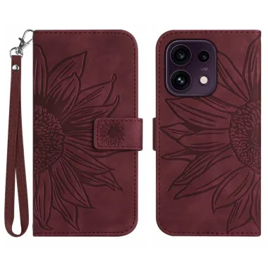 Housse OPPO Reno16 F/FS à Tournesol Embossé avec Porte-Cartes Vin Rouge