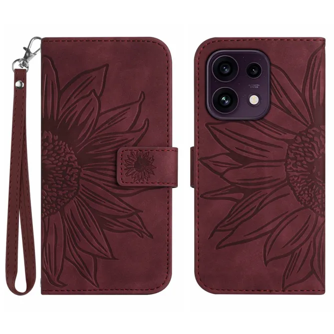 Housse OPPO Reno16 F/FS à Tournesol Embossé avec Porte-Cartes Vin Rouge