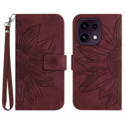 Housse OPPO Reno16 F/FS à Tournesol Embossé avec Porte-Cartes Vin Rouge