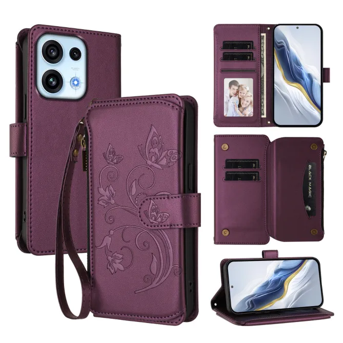 Housse pour OPPO Reno16 F/FS à Papillons Embossés et Poche Zippée Vin Rouge