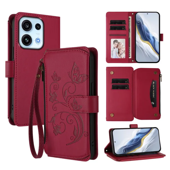 Housse pour OPPO Reno16 F/FS à Papillons Embossés et Poche Zippée Rouge foncé - photo 11