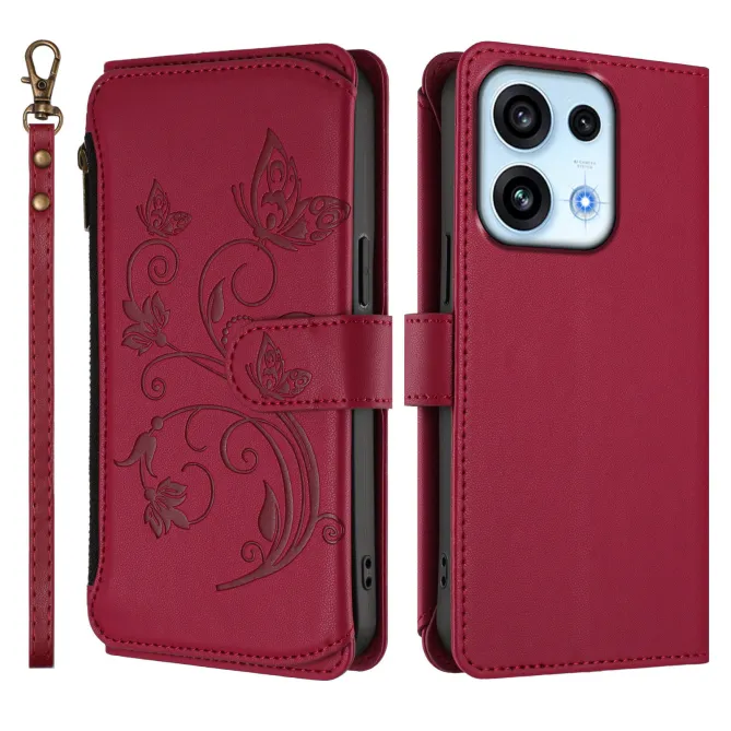 Housse pour OPPO Reno16 F/FS à Papillons Embossés et Poche Zippée Rouge foncé - photo 12