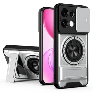Coque Oppo Reno 16 F / 16 FS antichoc avec anneau, béquille et cache caméra Argent