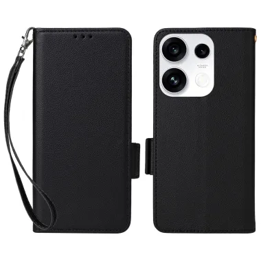 Housse Oppo Reno 16 F / 16 FS grain litchi porte-cartes avec dragonne Noir