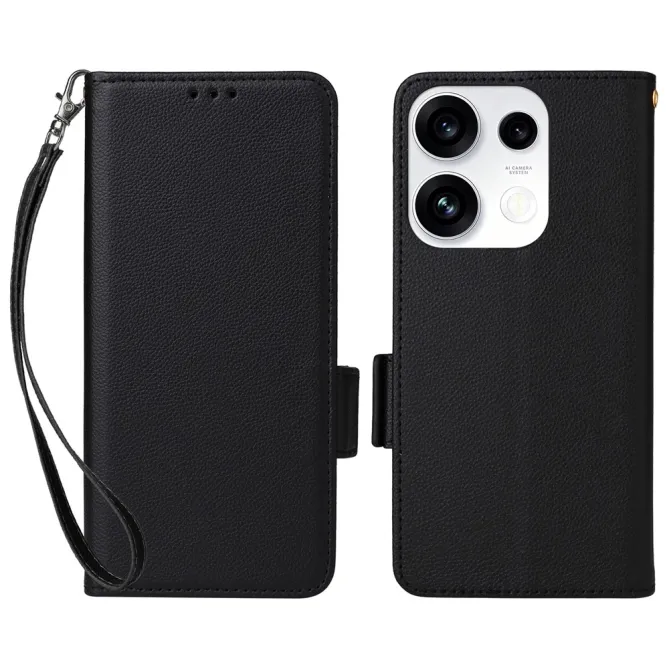 Housse Oppo Reno 16 F / 16 FS grain litchi porte-cartes avec dragonne Noir