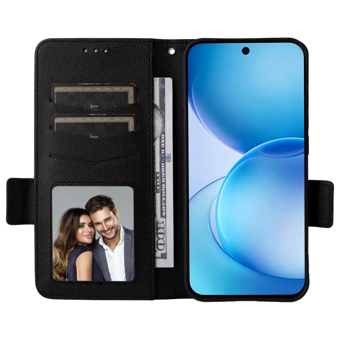 Housse Oppo Reno 16 F / 16 FS grain litchi porte-cartes avec dragonne Noir - photo 2