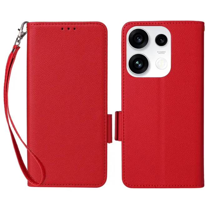 Housse Oppo Reno 16 F / 16 FS grain litchi porte-cartes avec dragonne Rouge - photo 13