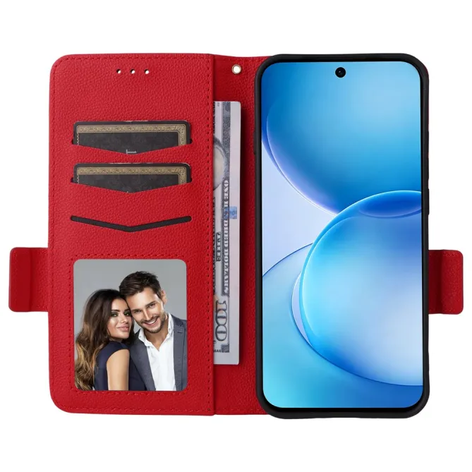 Housse Oppo Reno 16 F / 16 FS grain litchi porte-cartes avec dragonne Rouge - photo 14