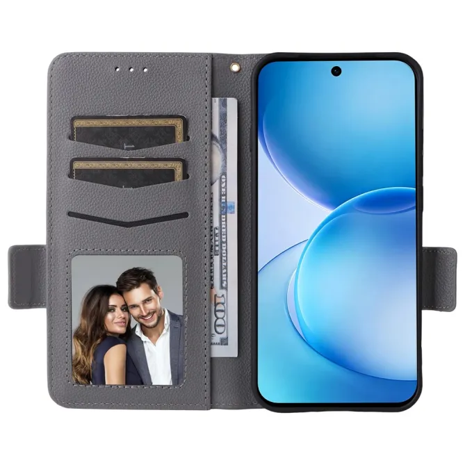 Housse Oppo Reno 16 F / 16 FS grain litchi porte-cartes avec dragonne Gris Foncé - photo 20