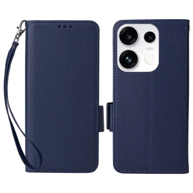 Housse Oppo Reno 16 F / 16 FS grain litchi porte-cartes avec dragonne Bleu Foncé - photo 25