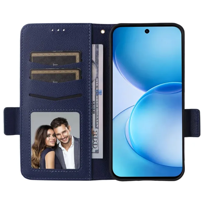 Housse Oppo Reno 16 F / 16 FS grain litchi porte-cartes avec dragonne Bleu Foncé - photo 26