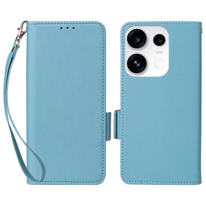 Housse Oppo Reno 16 F / 16 FS grain litchi porte-cartes avec dragonne Bleu clair - photo 31