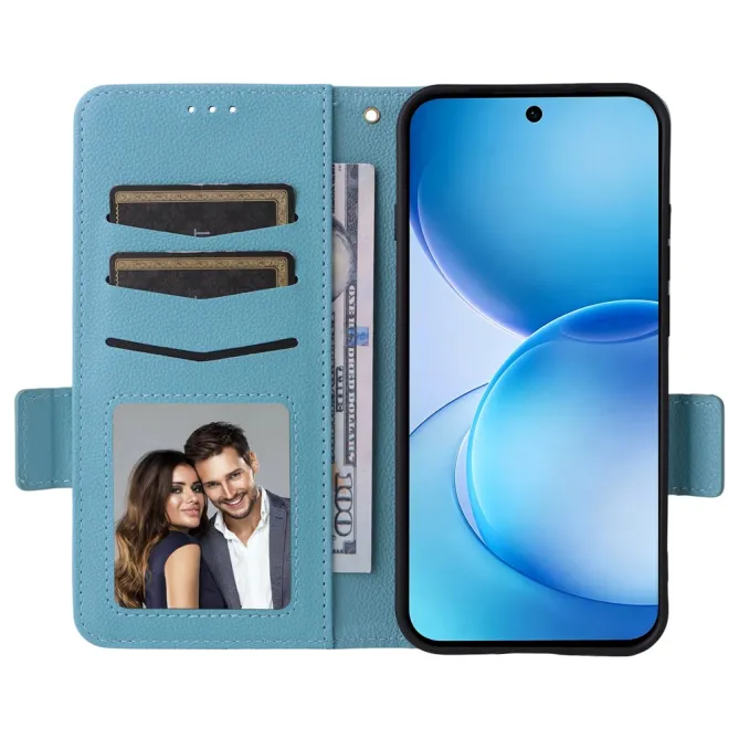 Housse Oppo Reno 16 F / 16 FS grain litchi porte-cartes avec dragonne Bleu clair - photo 32