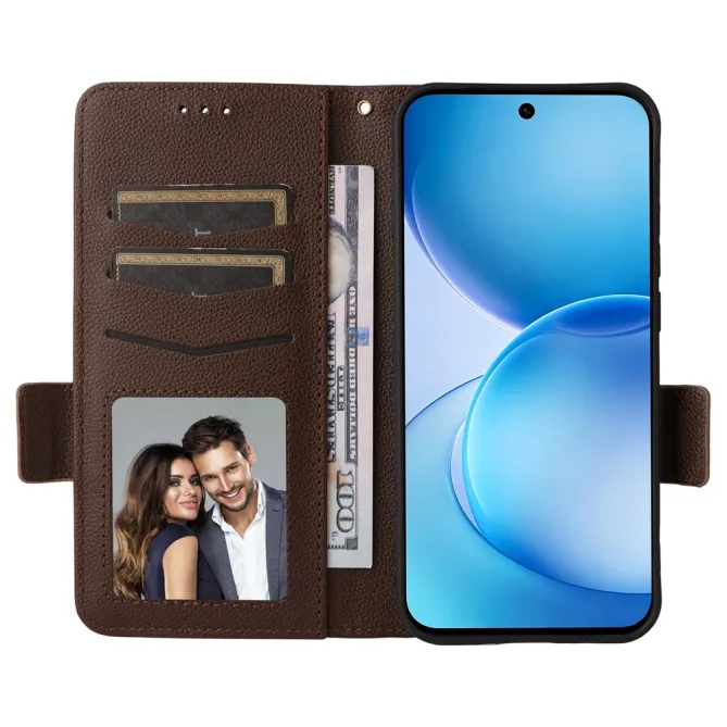 Housse Oppo Reno 16 F / 16 FS grain litchi porte-cartes avec dragonne Marron - photo 38