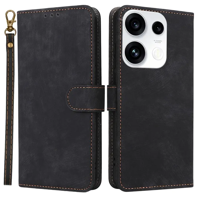 Housse Oppo Reno 16 F / 16 FS rétro porte-cartes avec dragonne Noir