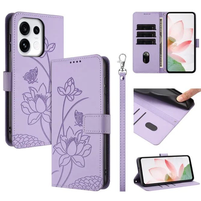 Housse Oppo Reno 16 F / 16 FS motif fleurs de lotus avec dragonne Violet clair