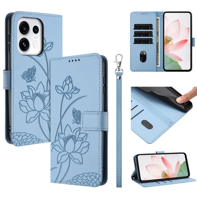 Housse Oppo Reno 16 F / 16 FS motif fleurs de lotus avec dragonne Bleu clair - photo 9