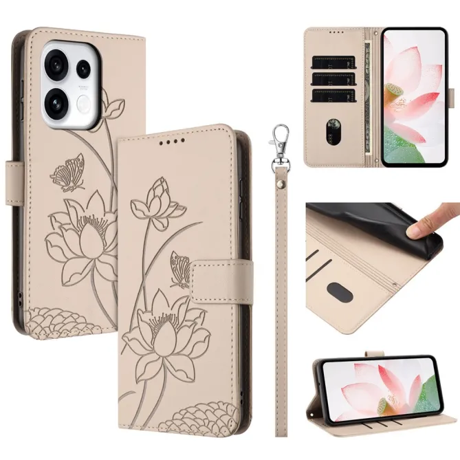 Housse Oppo Reno 16 F / 16 FS motif fleurs de lotus avec dragonne Beige Clair - photo 25