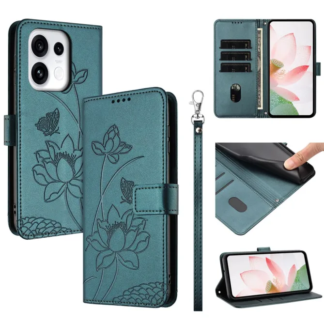 Housse Oppo Reno 16 F / 16 FS motif fleurs de lotus avec dragonne Bleu Paon - photo 33