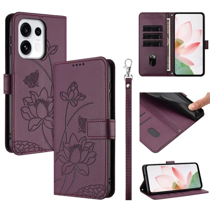 Housse Oppo Reno 16 F / 16 FS motif fleurs de lotus avec dragonne Vin Rouge - photo 41