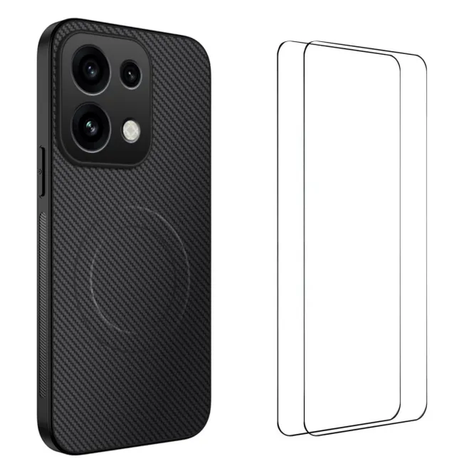 Coque OPPO Reno16 F/FS Fibre de Carbone Magnétique avec 2 Verres Trempés Noir