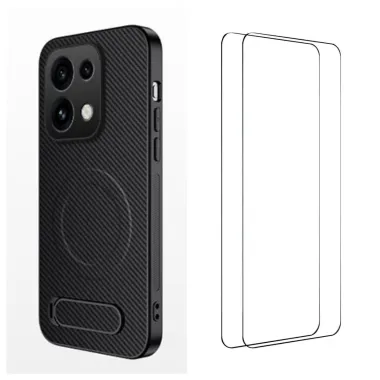 Coque OPPO Reno16 F/FS Fibre de Carbone Magnétique Support Rétractable + 2 Verres Trempés Noir