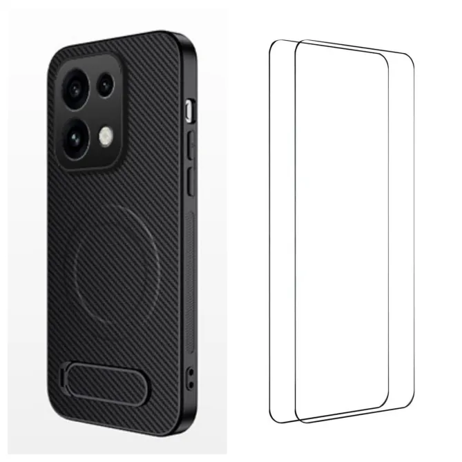 Coque OPPO Reno16 F/FS Fibre de Carbone Magnétique Support Rétractable + 2 Verres Trempés Noir