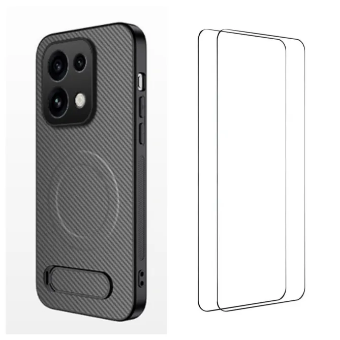 Coque OPPO Reno16 F/FS Fibre de Carbone Magnétique Support Rétractable + 2 Verres Trempés Gris - photo 10