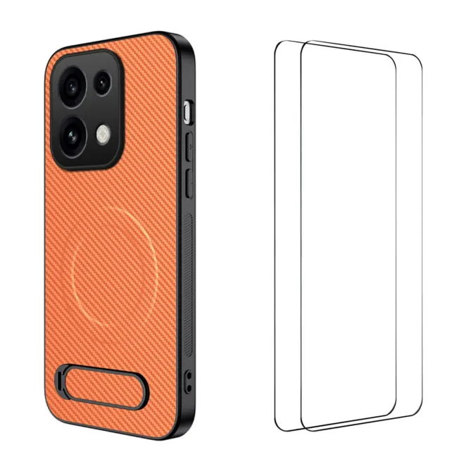 Coque OPPO Reno16 F/FS Fibre de Carbone Magnétique Support Rétractable + 2 Verres Trempés Orange - photo 37