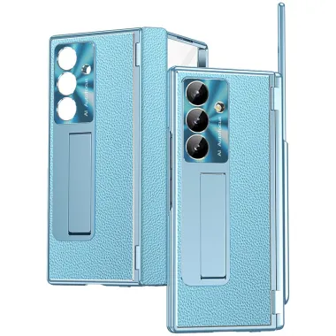 Coque Samsung Galaxy Z Fold8 Ultra simili cuir charnière avec verre Bleu clair