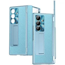 Coque Samsung Galaxy Z Fold8 Ultra simili cuir charnière avec verre Bleu clair