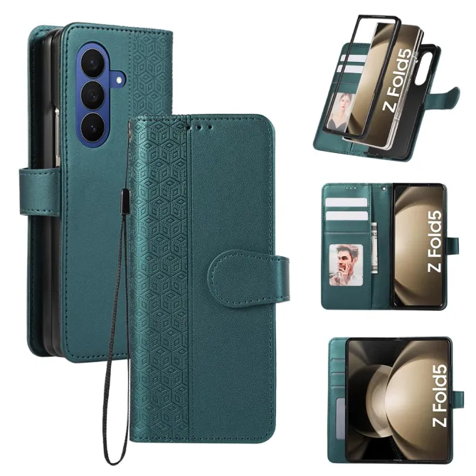 Housse Samsung Galaxy Z Fold8 Ultra losanges embossés avec dragonne Bleu Paon