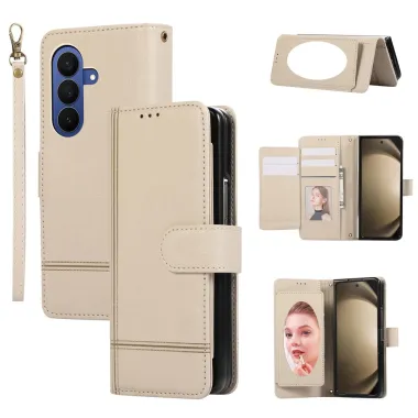 Housse Samsung Galaxy Z Fold 8 Ultra Portefeuille avec Miroir et Dragonne Beige