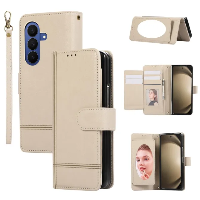 Housse Samsung Galaxy Z Fold 8 Ultra Portefeuille avec Miroir et Dragonne Beige