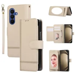 Housse Samsung Galaxy Z Fold 8 Ultra Portefeuille avec Miroir et Dragonne Beige