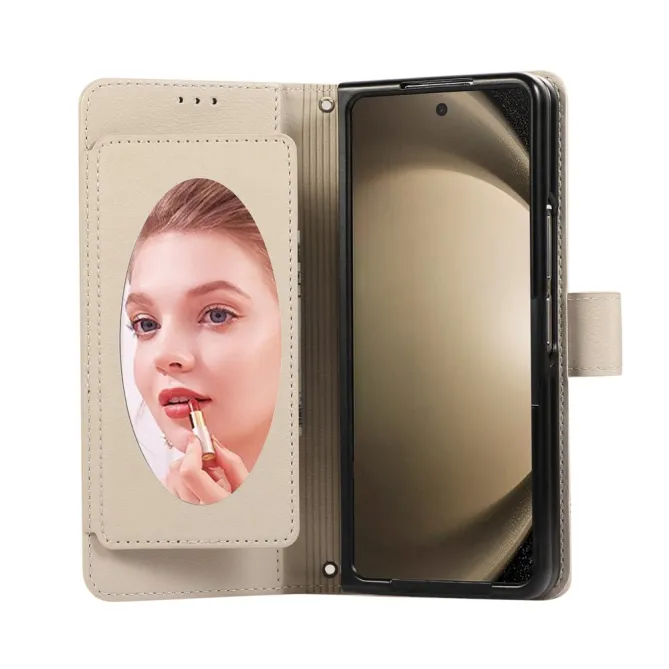 Housse Samsung Galaxy Z Fold 8 Ultra Portefeuille avec Miroir et Dragonne Beige - photo 3