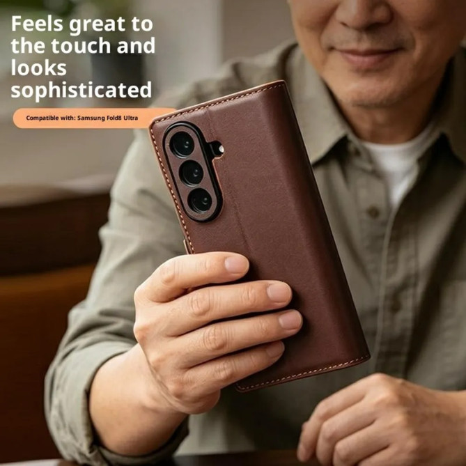 Housse Samsung Galaxy Z Fold 8 Ultra Cuir Véritable Lisse avec Support
