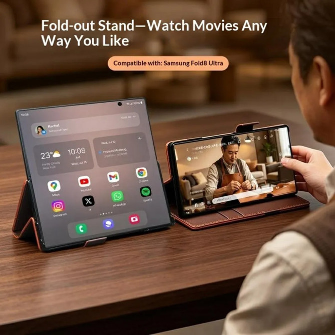 Housse Samsung Galaxy Z Fold 8 Ultra Cuir Véritable Lisse avec Support
