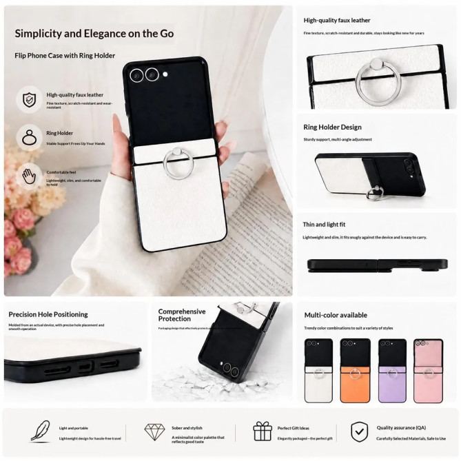 Coque Samsung Galaxy Z Flip 8 Effet Cuir Grainé avec Anneau Rotatif