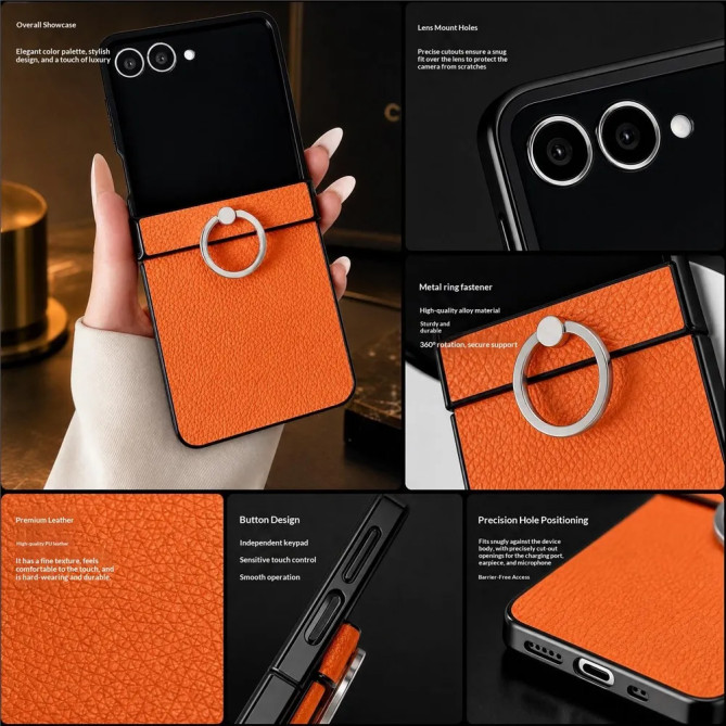 Coque Samsung Galaxy Z Flip 8 Effet Cuir Grainé avec Anneau Rotatif