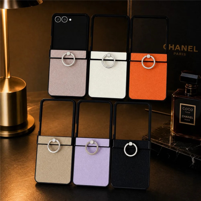 Coque Samsung Galaxy Z Flip 8 Effet Cuir Grainé avec Anneau Rotatif