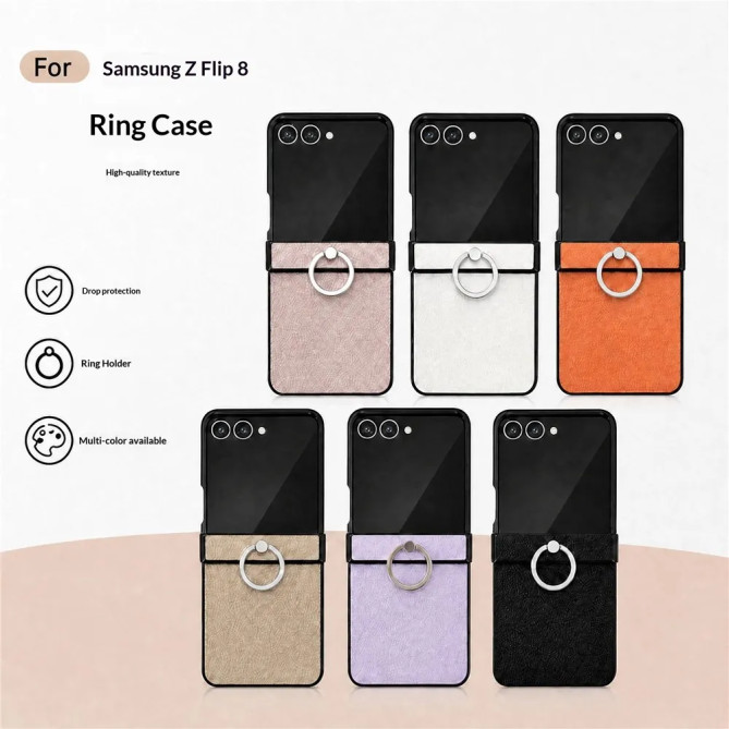 Coque Samsung Galaxy Z Flip 8 Effet Cuir Grainé avec Anneau Rotatif