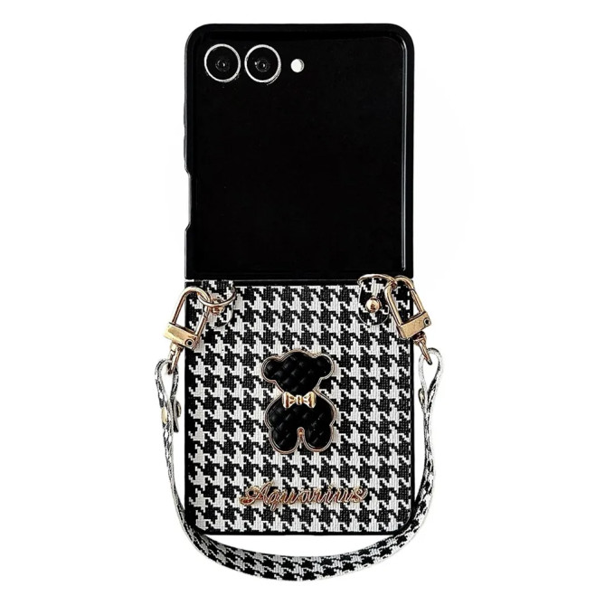 Coque Samsung Galaxy Z Flip 8 Pied-de-Poule Ourson avec Dragonne