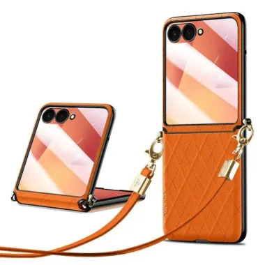 Coque Samsung Galaxy Z Flip 8 Motif Losanges avec Protection Charnière et Bandoulière - Couleurs: Orange