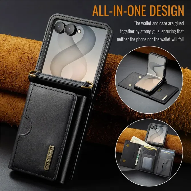 Coque Samsung Galaxy Z Flip 8 Série M6 Portefeuille RFID avec Bandoulière - Couleurs: Noir