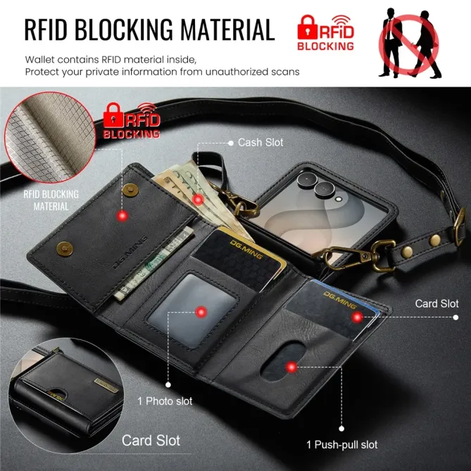 Coque Samsung Galaxy Z Flip 8 Série M6 Portefeuille RFID avec Bandoulière - Couleurs: Noir