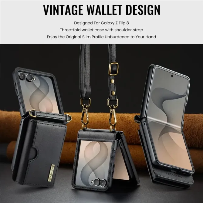 Coque Samsung Galaxy Z Flip 8 Série M6 Portefeuille RFID avec Bandoulière - Couleurs: Noir