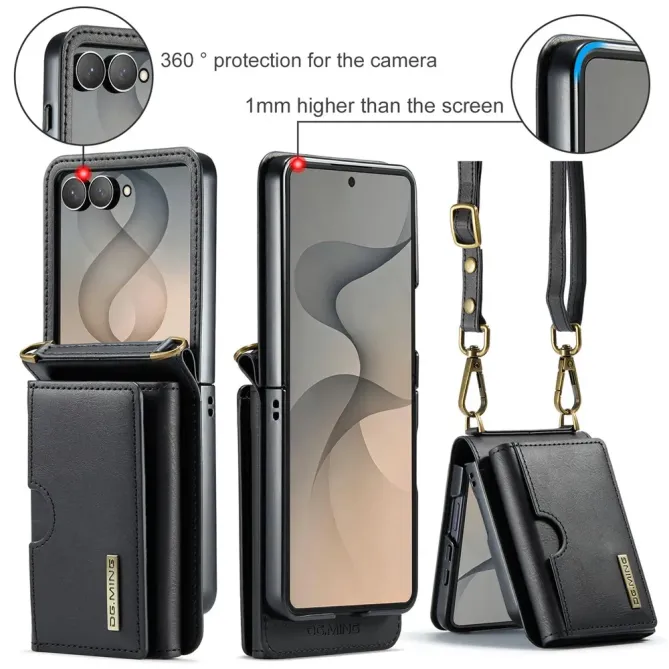 Coque Samsung Galaxy Z Flip 8 Série M6 Portefeuille RFID avec Bandoulière - Couleurs: Noir