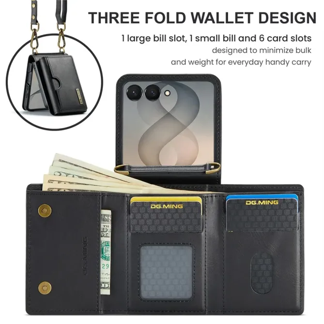 Coque Samsung Galaxy Z Flip 8 Série M6 Portefeuille RFID avec Bandoulière - Couleurs: Noir