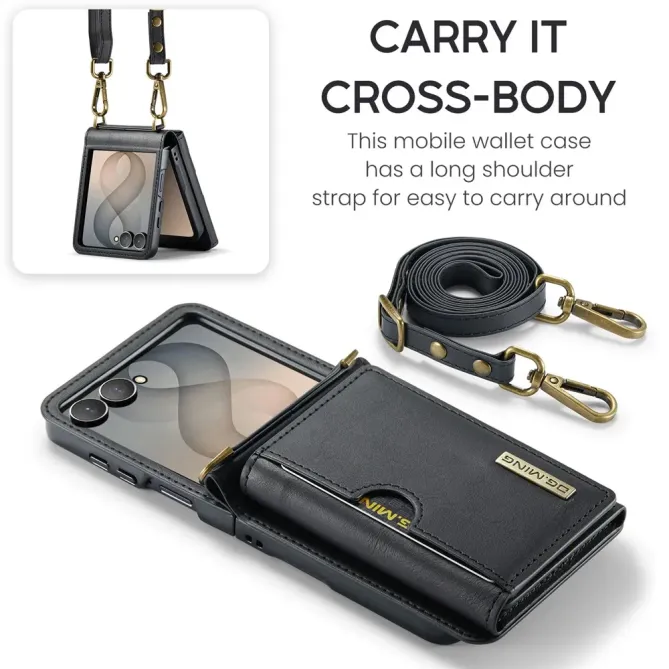 Coque Samsung Galaxy Z Flip 8 Série M6 Portefeuille RFID avec Bandoulière - Couleurs: Noir